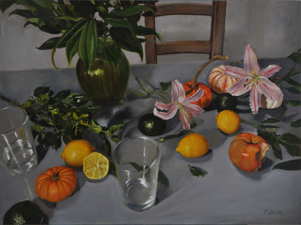 still life with pumpkins and lilies